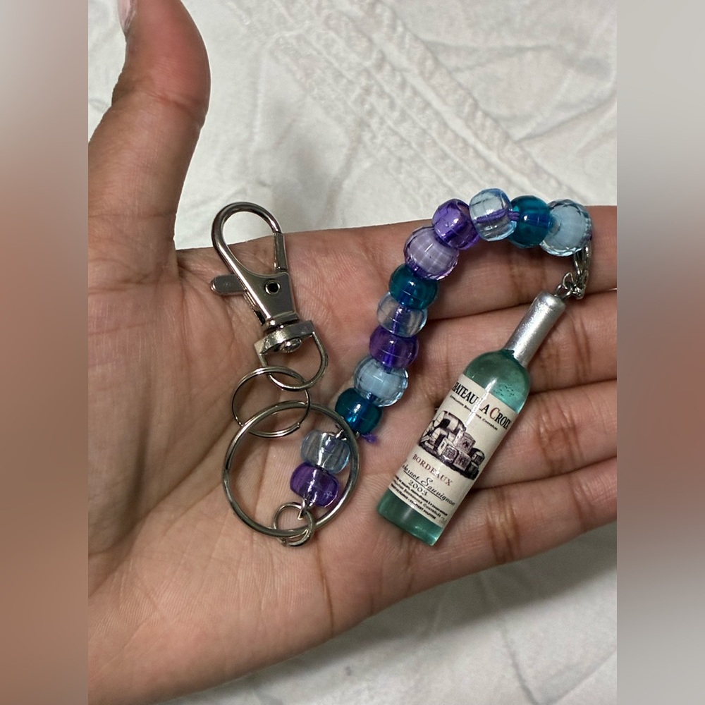 Handmade Beaded Keychain with Wine Bottle Charm